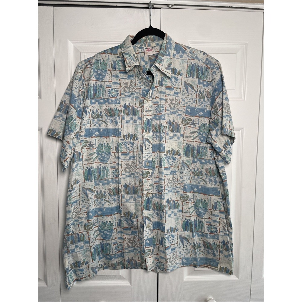 Go Barefoot Hawaiian Button Down‎ Mens Size 2XL Blue Abstract Surf Cotton Shirt
